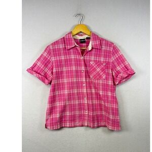 ERIKA Pink Plaid Short Sleeve Button Down Shirt Women's Size S Cotton‎